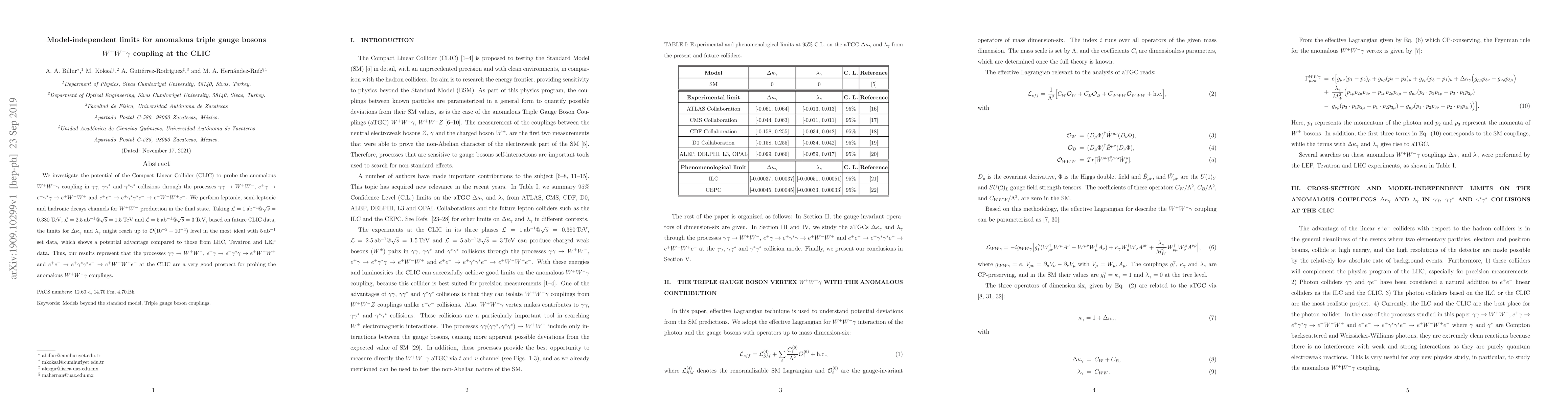Thumbnail for Model-independent limits for anomalous triple gauge bosons
  $W^+W^-\gamma$ coupling at the CLIC