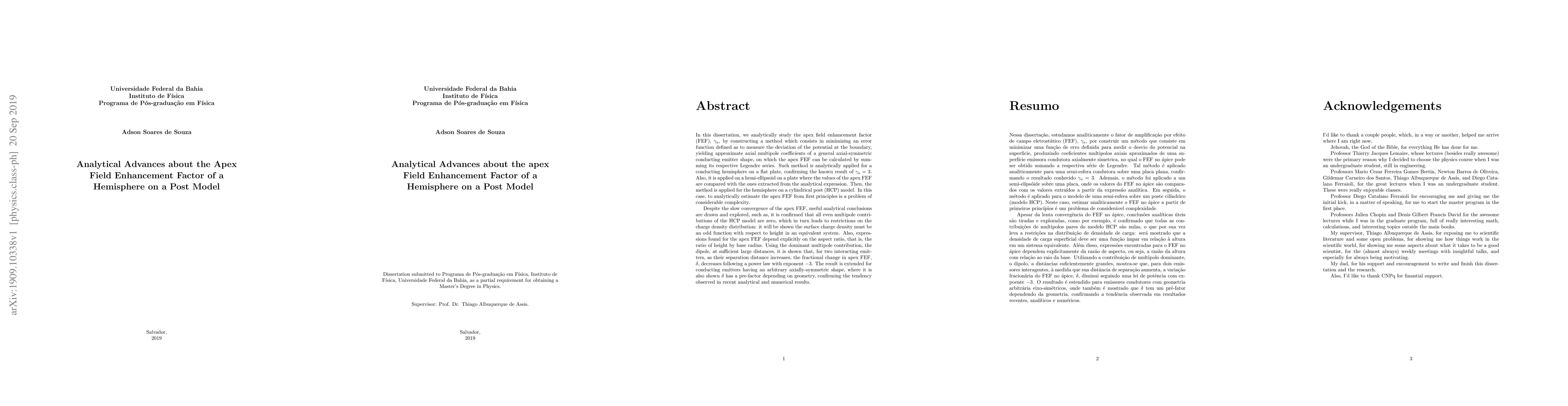 Thumbnail for Analytical Advances about the apex Field Enhancement Factor of a
  Hemisphere on a Post Model