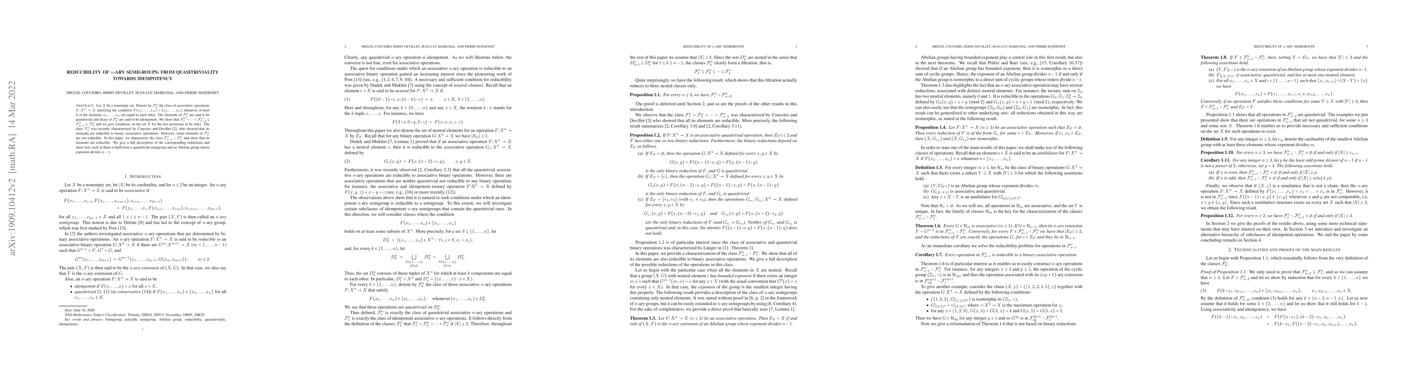 Thumbnail for Reducibility of $n$-ary semigroups: from quasitriviality towards
  idempotency