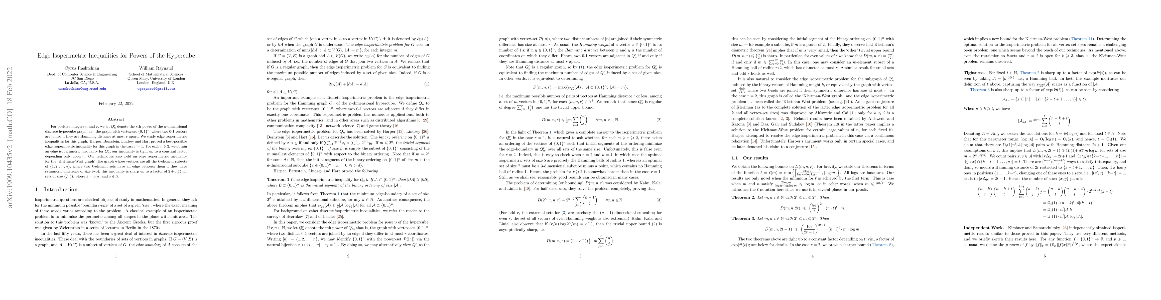 Thumbnail for Edge Isoperimetric Inequalities for Powers of the Hypercube