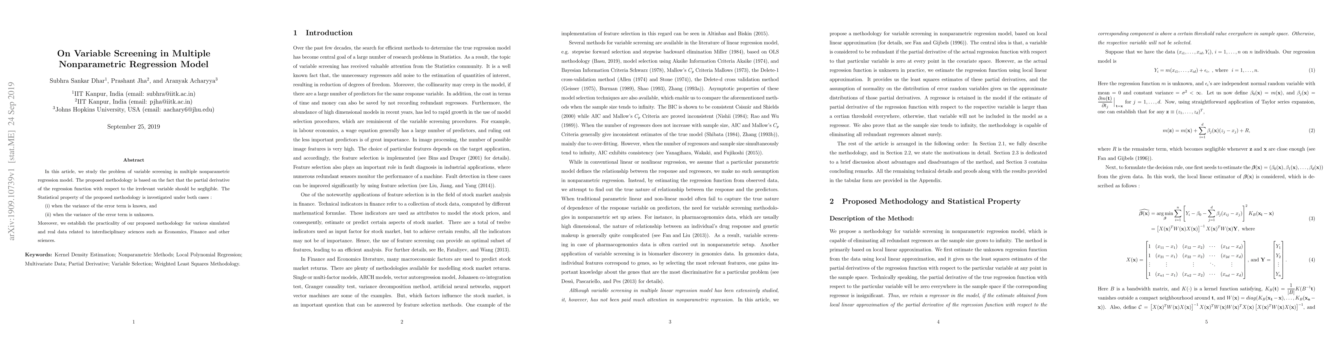 Thumbnail for On Variable Screening in Multiple Nonparametric Regression Model