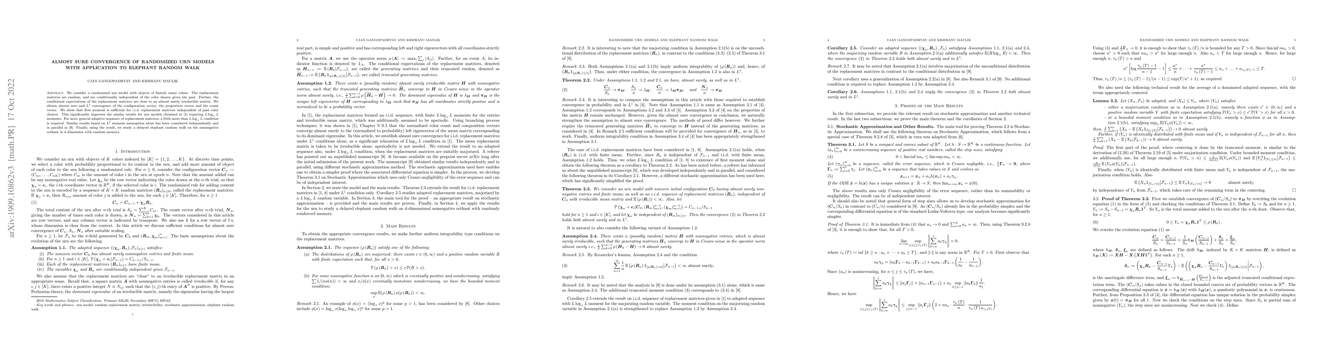 Thumbnail for Almost Sure Convergence of Randomized Urn Models with Application to
  Elephant Random Walk