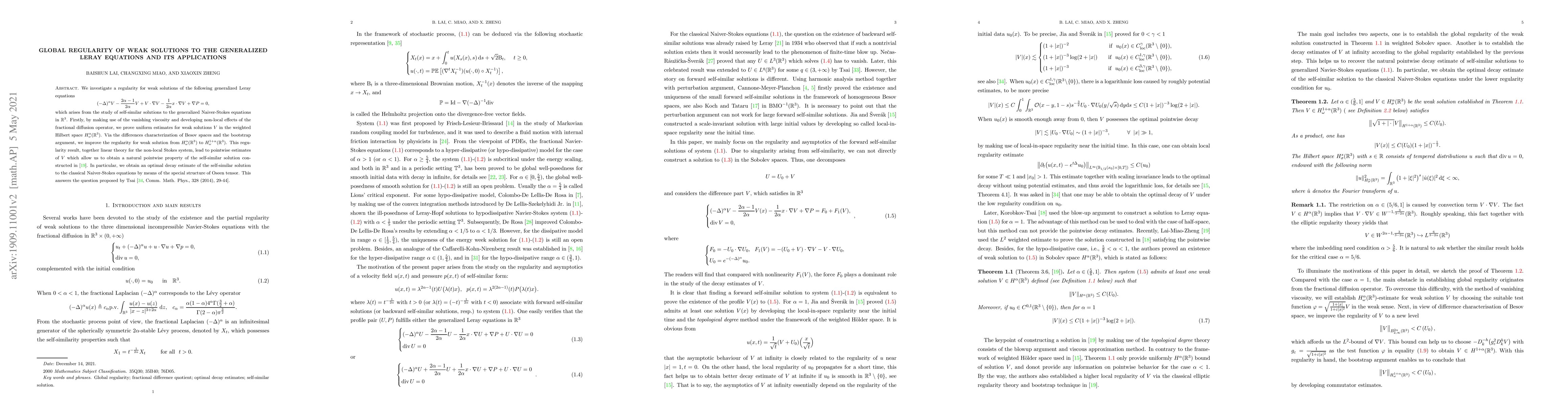 Thumbnail for Global Regularity of weak solutions to the generalized Leray equations
  and its applications