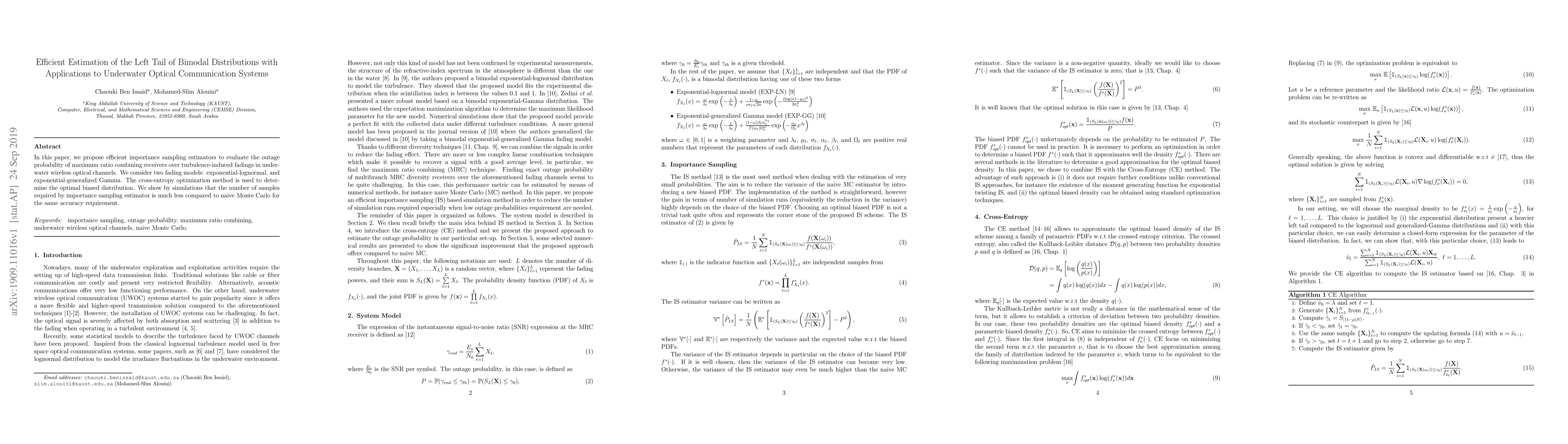 Thumbnail for Efficient Estimation of the Left Tail of Bimodal Distributions with
  Applications to Underwater Optical Communication Systems