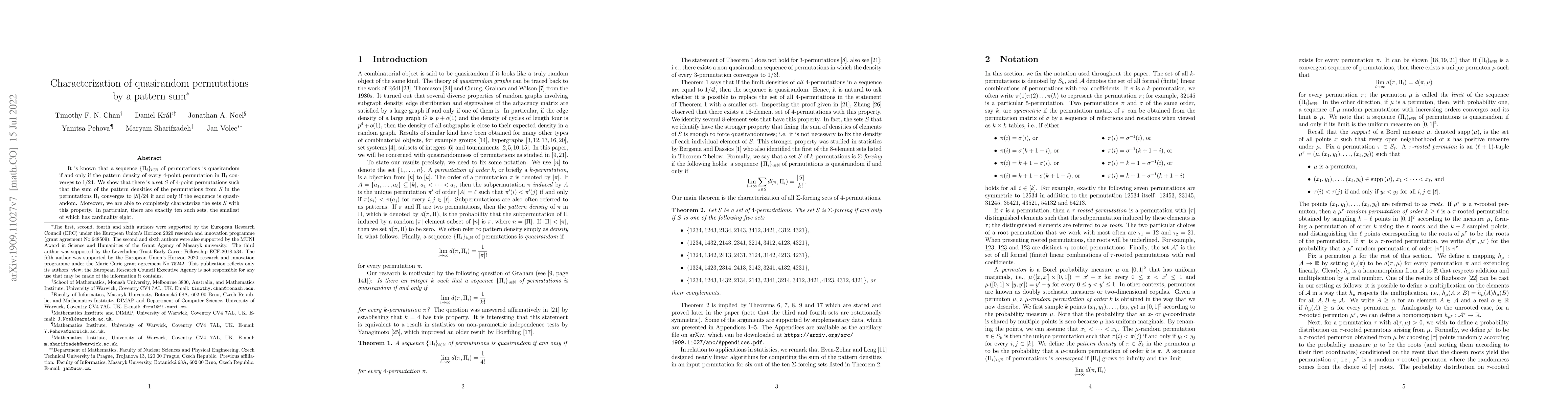 Thumbnail for Characterization of quasirandom permutations by a pattern sum