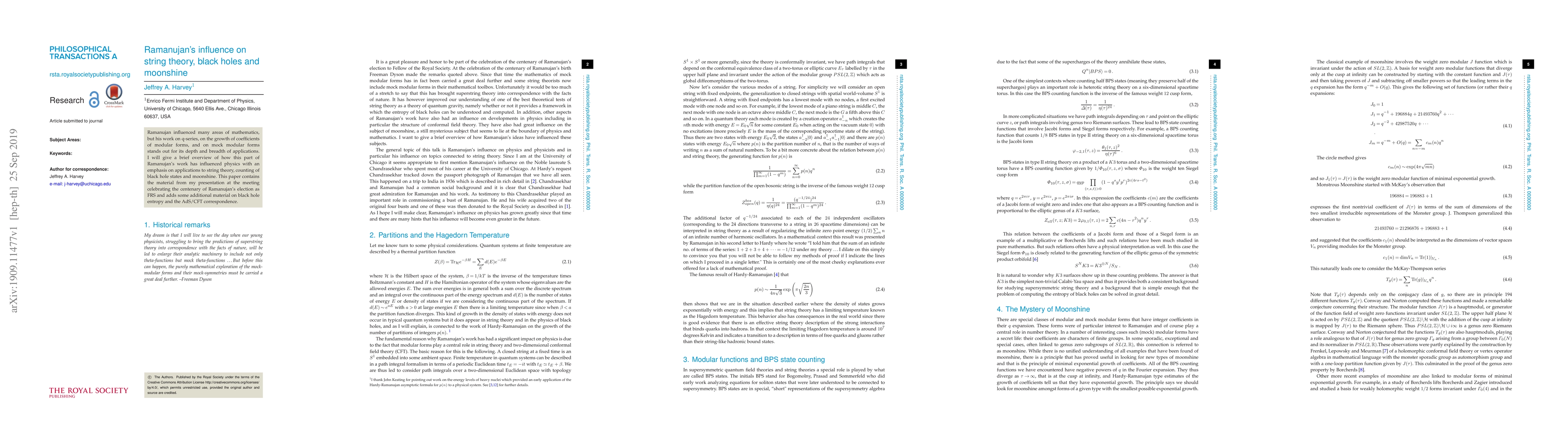 Thumbnail for Ramanujan's influence on string theory, black holes and moonshine