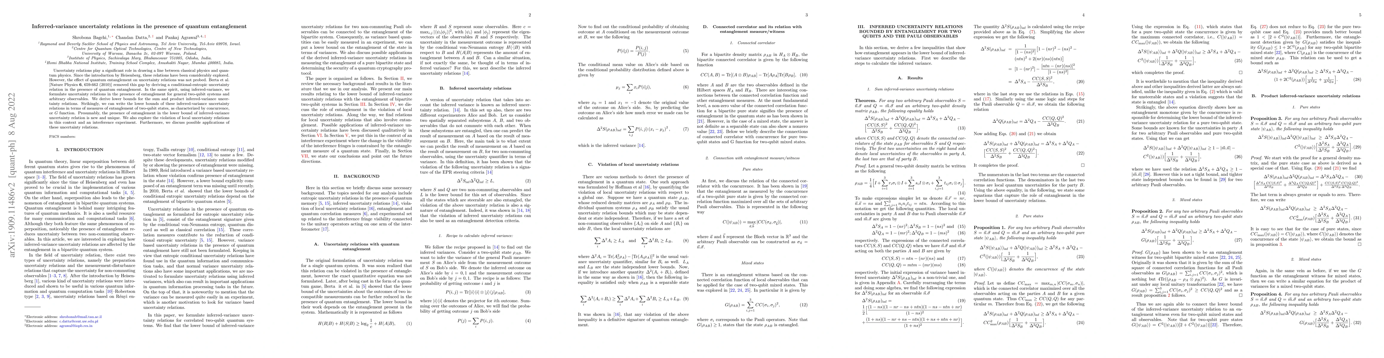 Thumbnail for Inferred-variance uncertainty relations in the presence of quantum
  entanglement