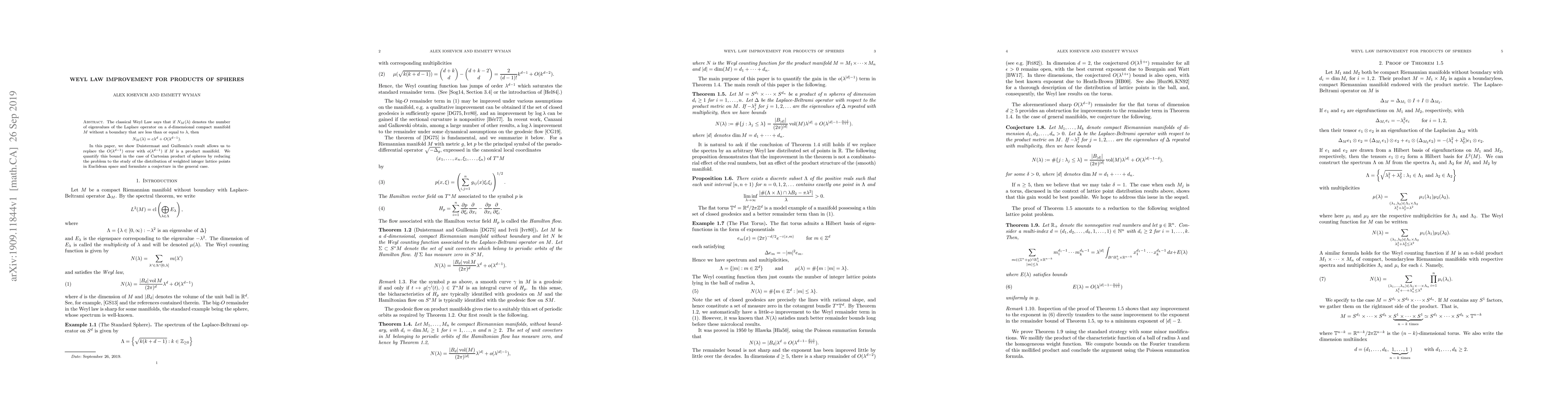 Thumbnail for Weyl Law Improvement for Products of Spheres