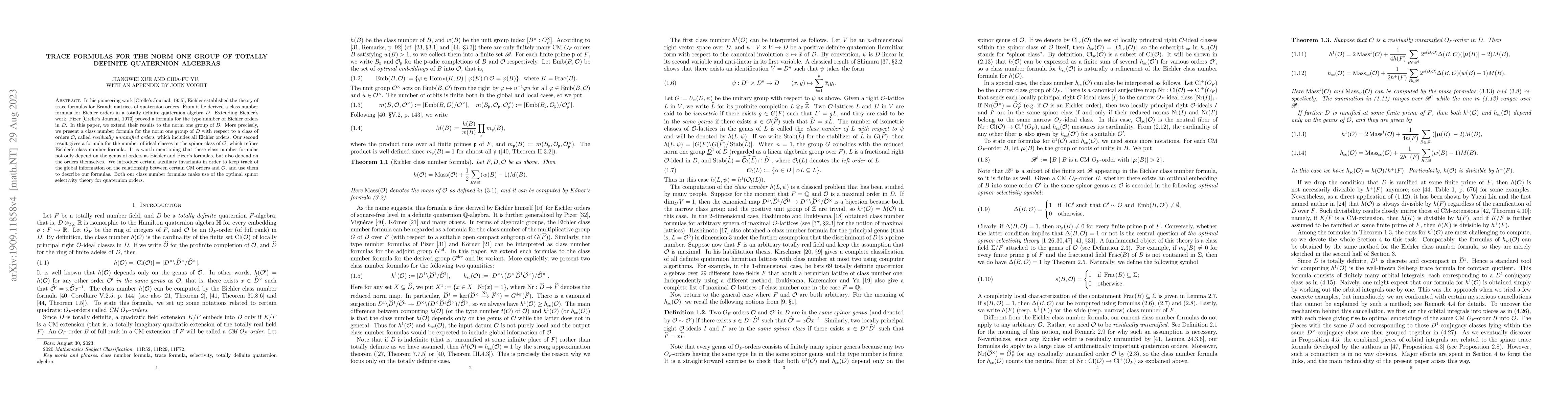 Thumbnail for Trace formulas for the norm one group of totally definite quaternion
  algebras