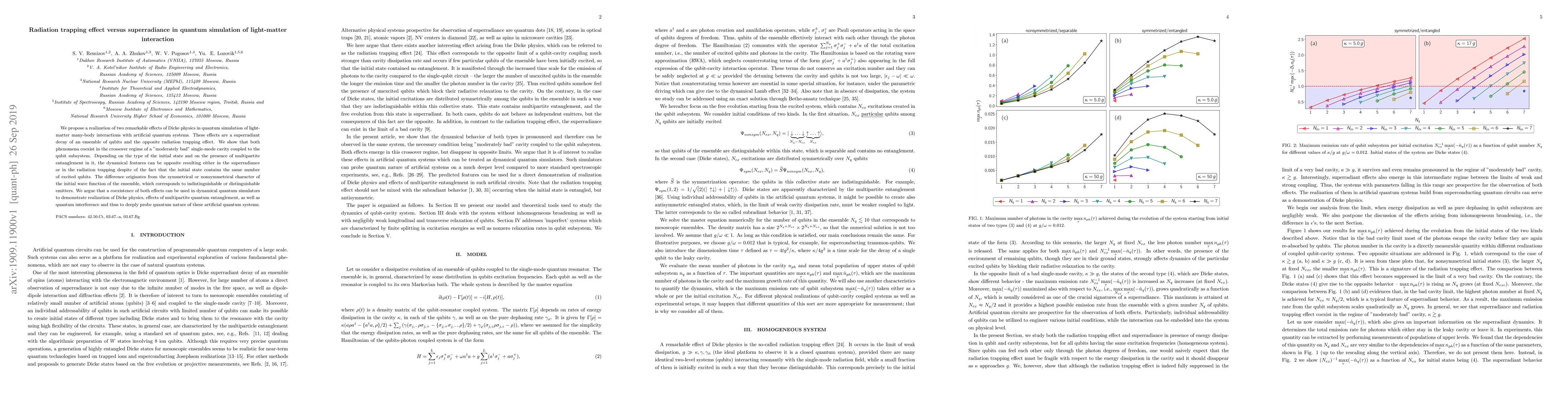 Thumbnail for Radiation trapping effect versus superradiance in quantum simulation of
  light-matter interaction