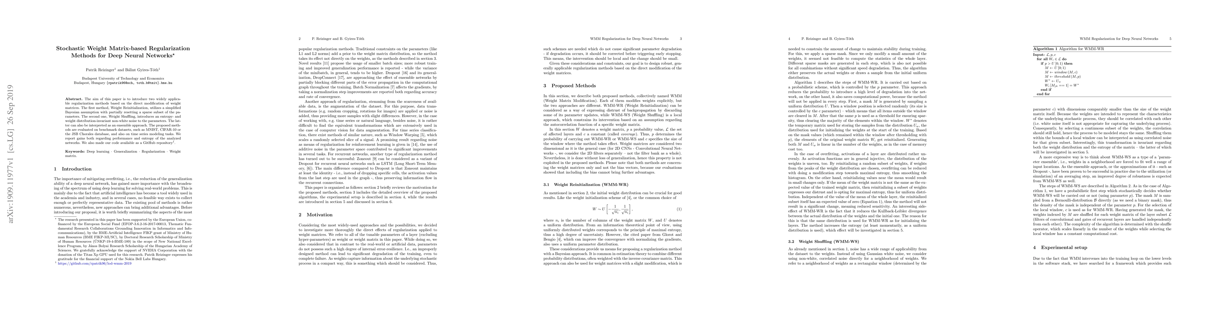 Thumbnail for Stochastic Weight Matrix-based Regularization Methods for Deep Neural
  Networks