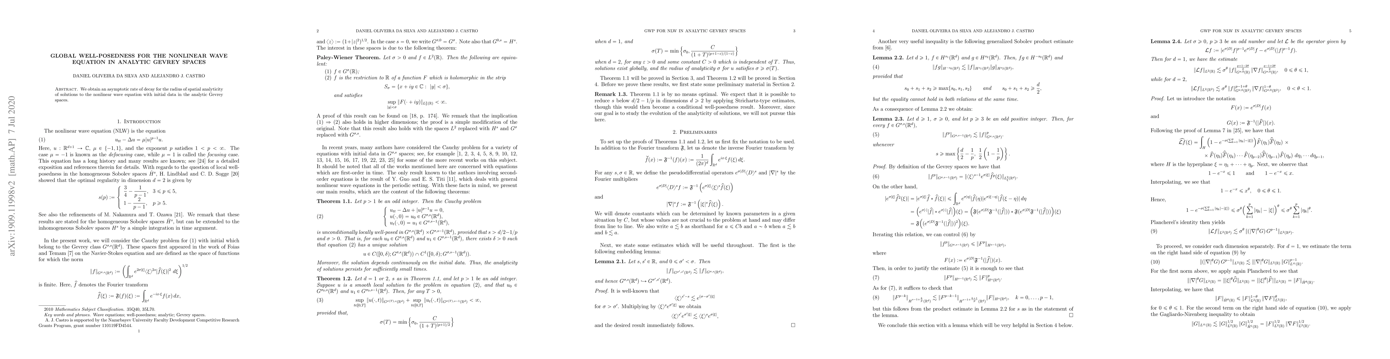 Thumbnail for Global well-posedness for the nonlinear wave equation in analytic Gevrey
  spaces