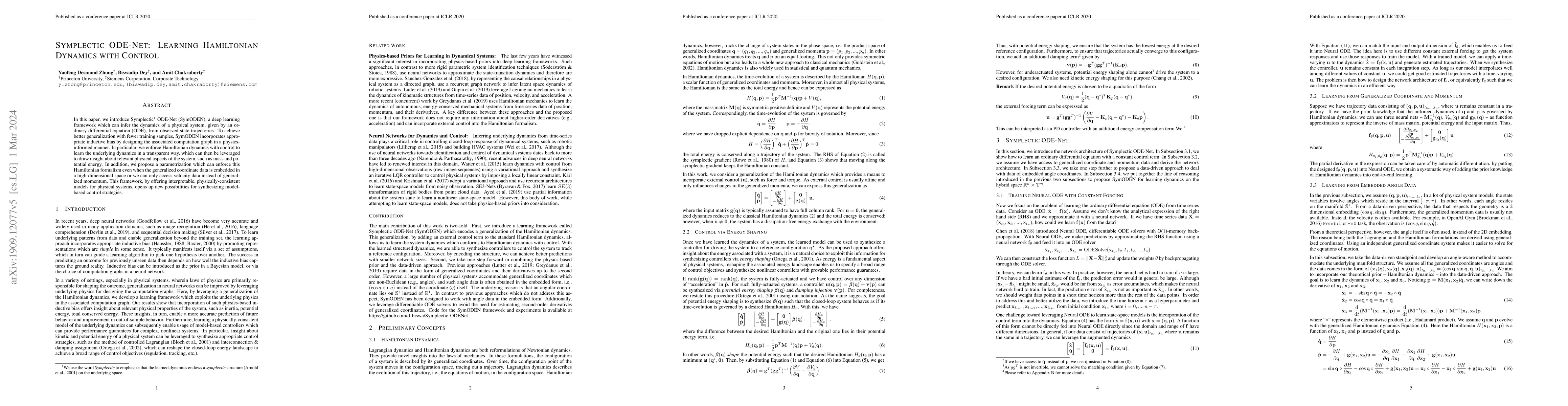 Thumbnail for Symplectic ODE-Net: Learning Hamiltonian Dynamics with Control
