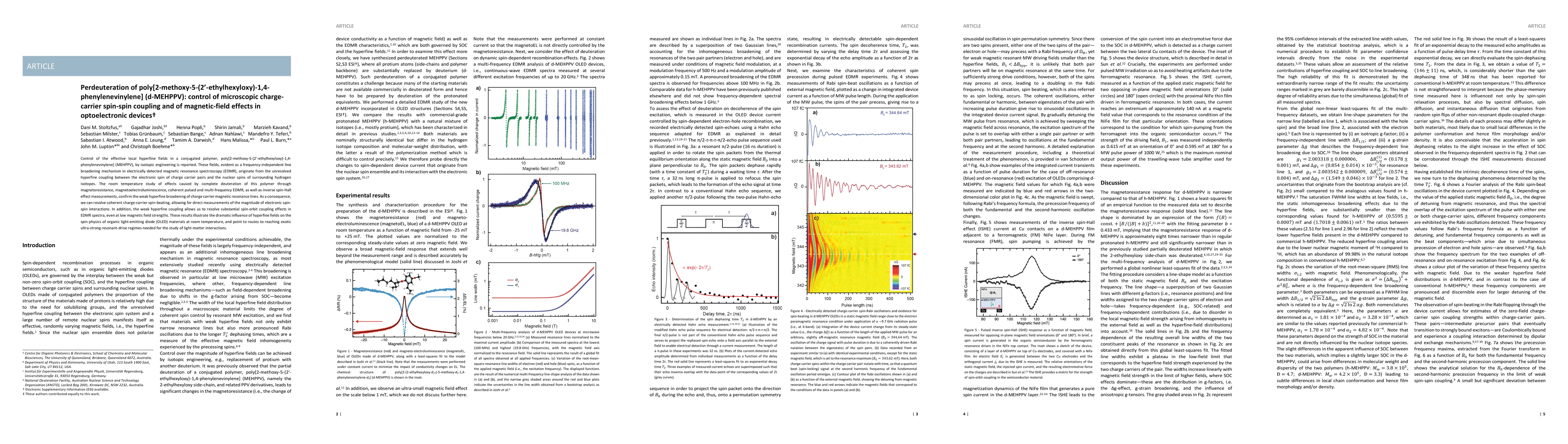 Thumbnail for Perdeuteration of
  poly[2-methoxy-5-(2'-ethylhexyloxy)-1,4-phenylenevinylene] (d-MEHPPV):
  control of microscopic charge-carrier spin-spin coupling and of
  magnetic-field effects in optoelectronic devices
