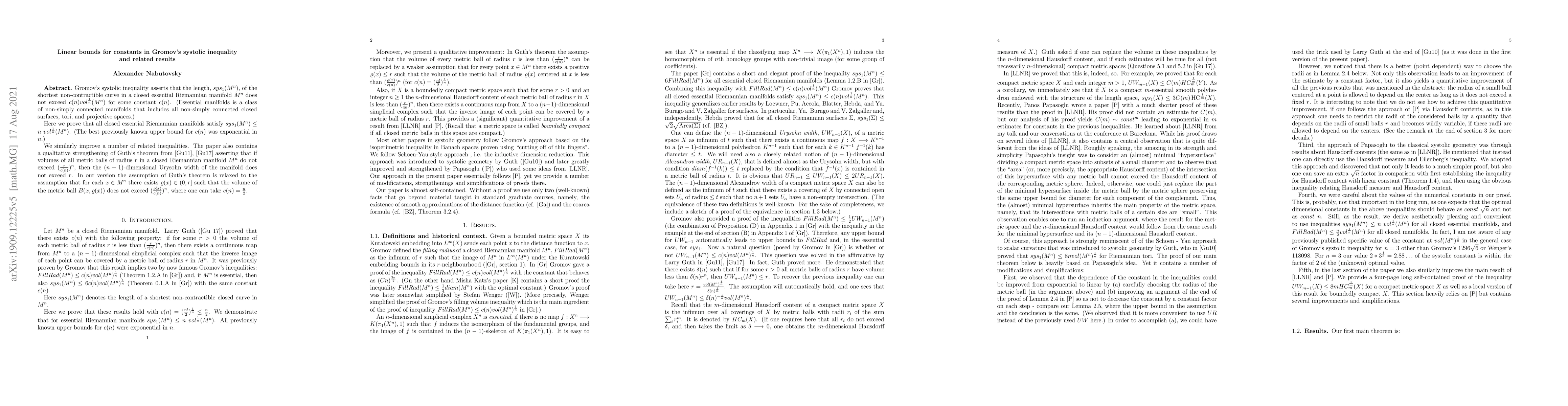 Thumbnail for Linear bounds for constants in Gromov's systolic inequality and related
  results