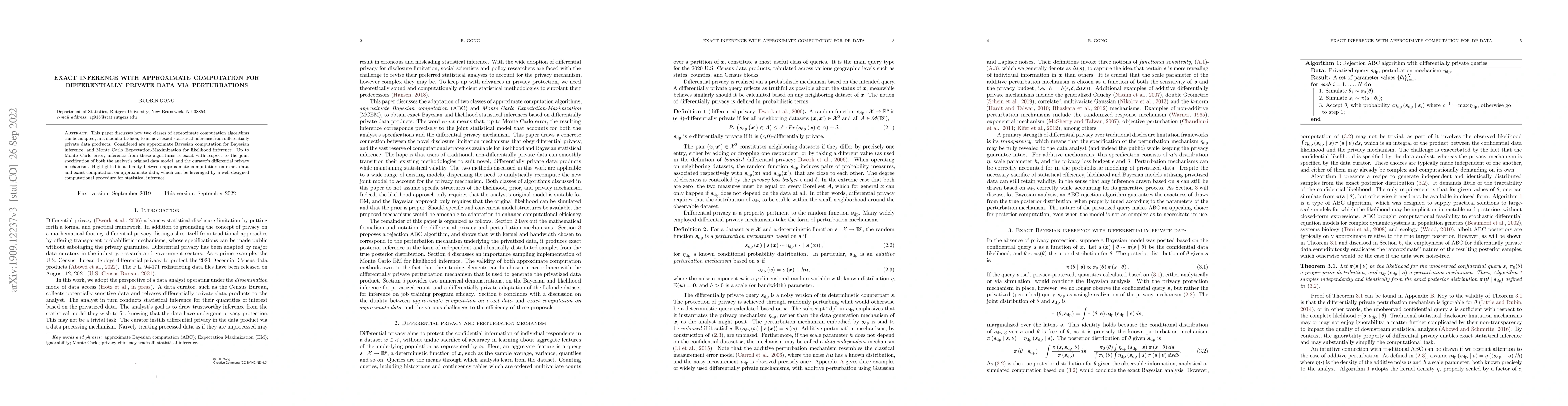 Thumbnail for Exact Inference with Approximate Computation for Differentially Private
  Data via Perturbations