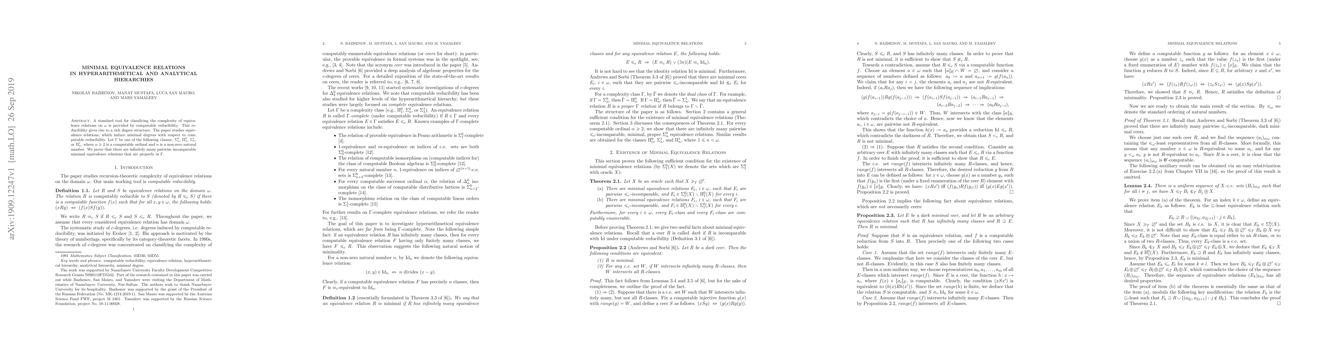Thumbnail for Minimal Equivalence Relations in Hyperarithmetical and Analytical
  Hierarchies