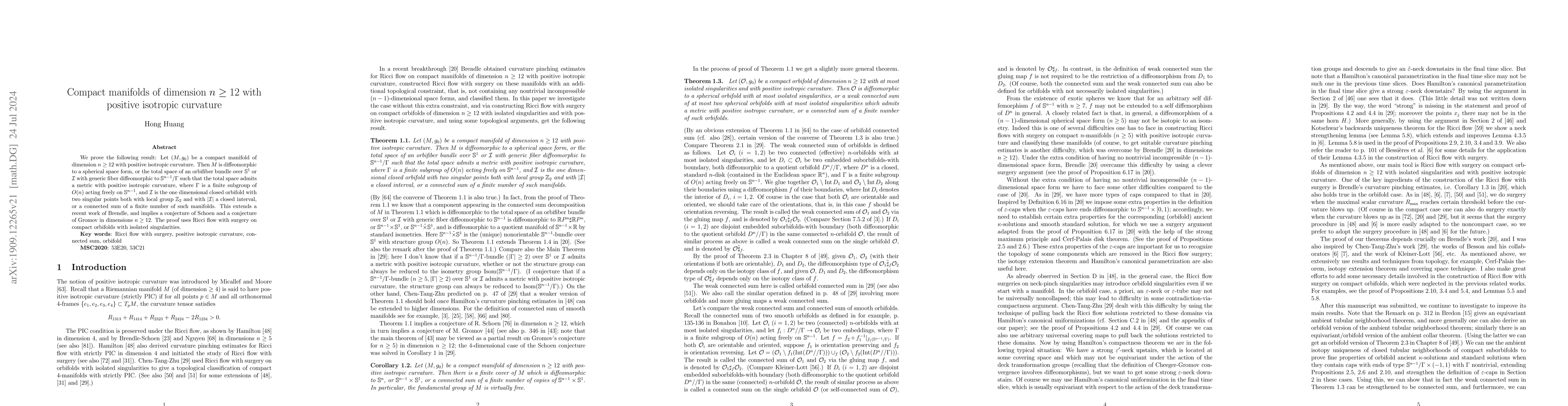 Thumbnail for Compact manifolds of dimension $n\geq 12$ with positive isotropic
  curvature