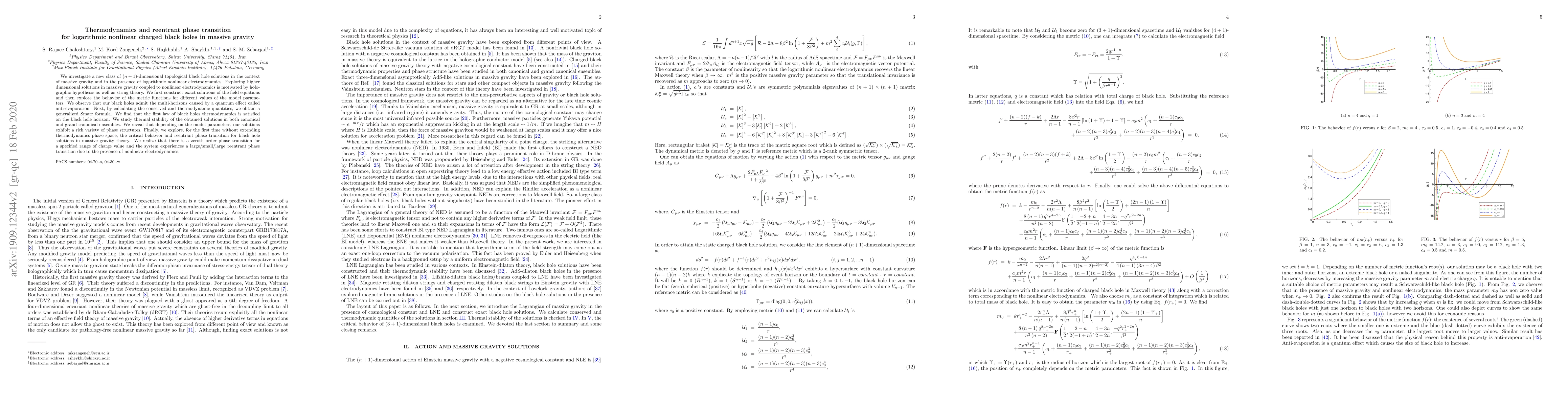 Thumbnail for Thermodynamics and reentrant phase transition for logarithmic nonlinear
  charged black holes in massive gravity