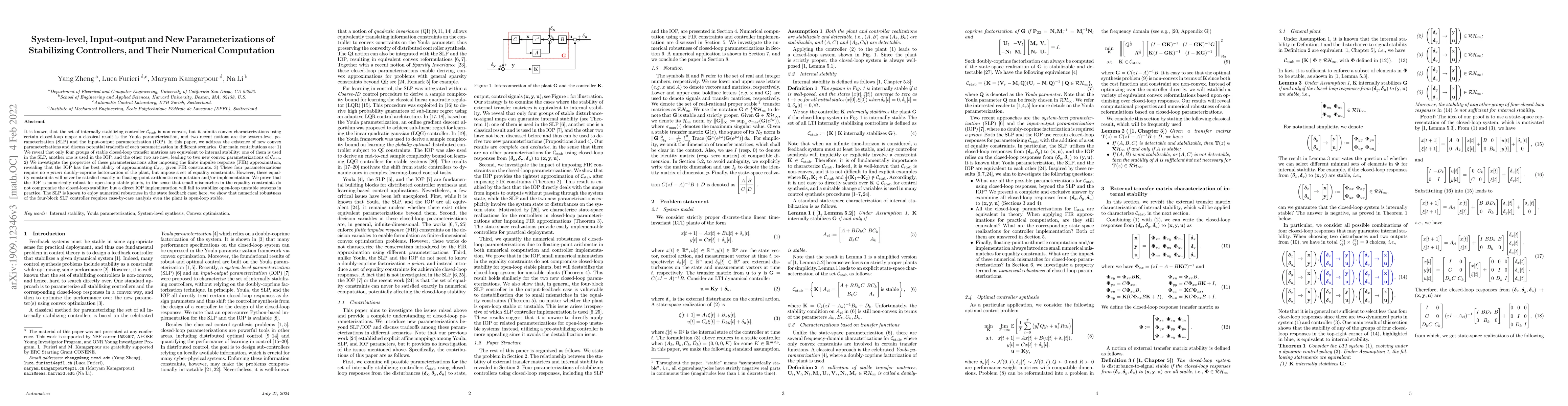 Thumbnail for System-level, Input-output and New Parameterizations of Stabilizing
  Controllers, and Their Numerical Computation