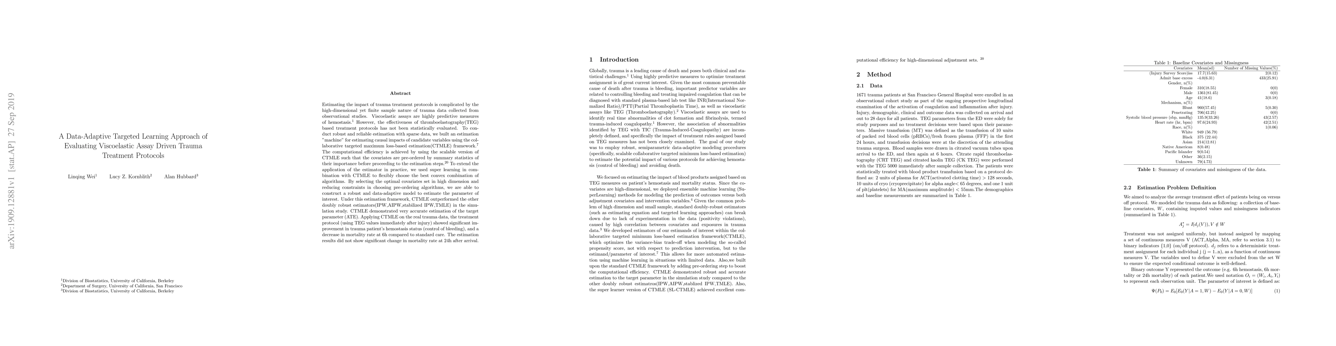 Thumbnail for A Data-Adaptive Targeted Learning Approach of Evaluating Viscoelastic
  Assay Driven Trauma Treatment Protocols