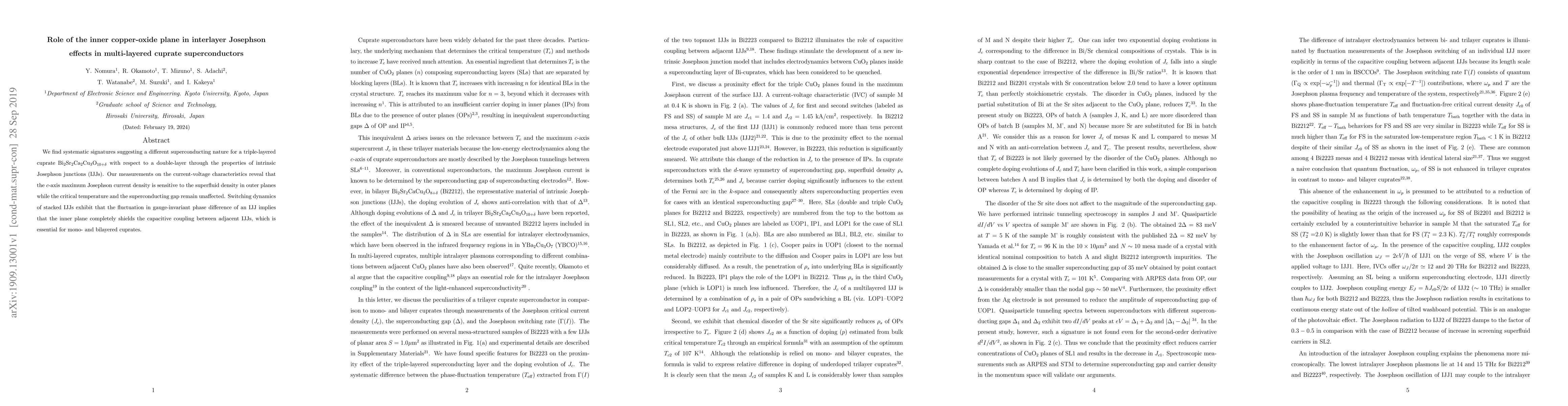 Thumbnail for Role of the inner copper-oxide plane in interlayer Josephson effects in
  multi-layered cuprate superconductors