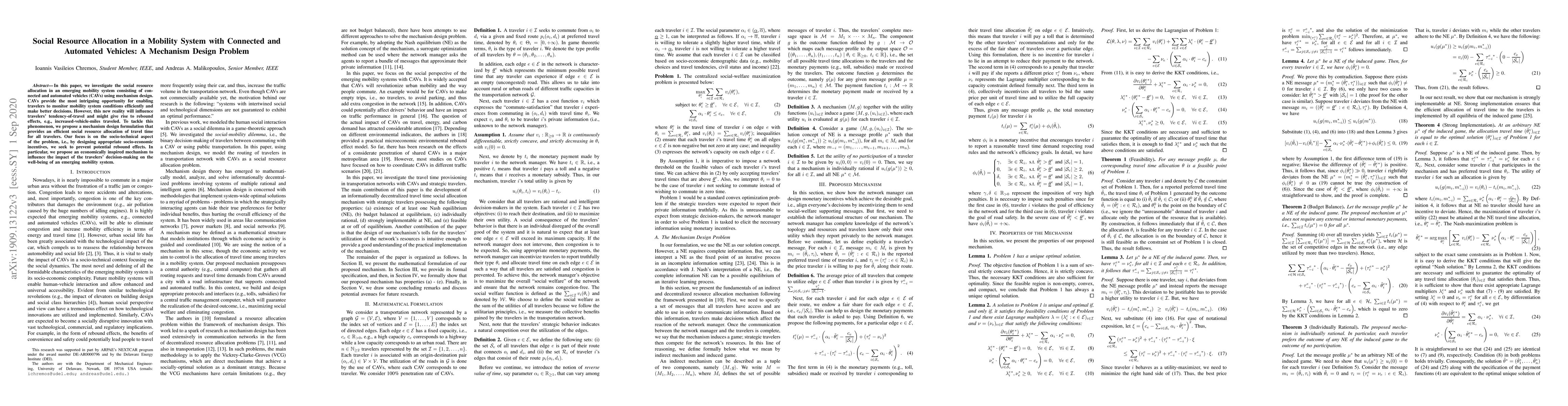 Thumbnail for Social Resource Allocation in a Mobility System with Connected and
  Automated Vehicles: A Mechanism Design Problem