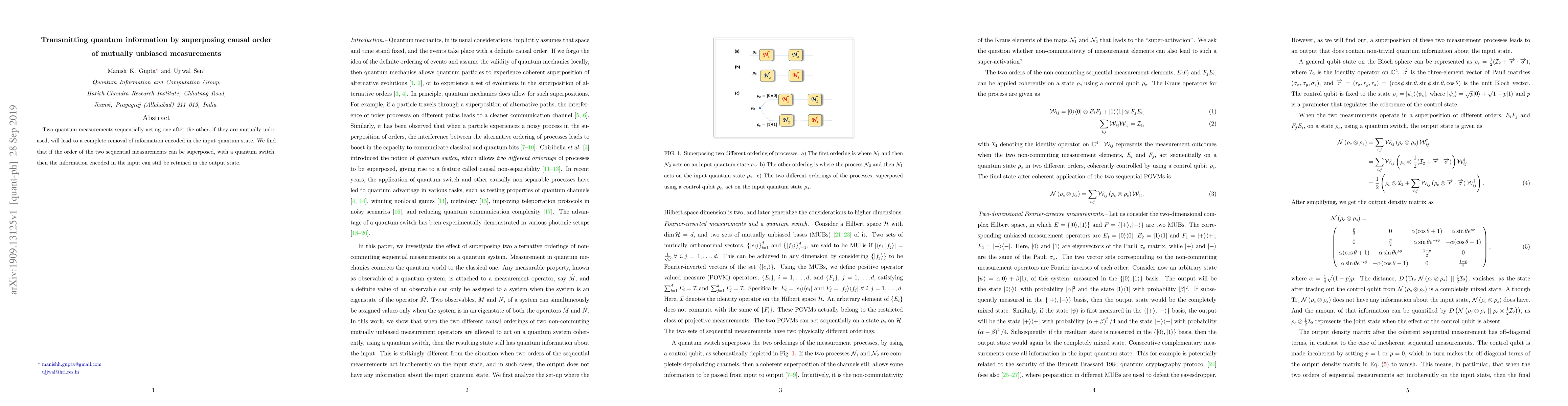 Thumbnail for Transmitting quantum information by superposing causal order of mutually
  unbiased measurements