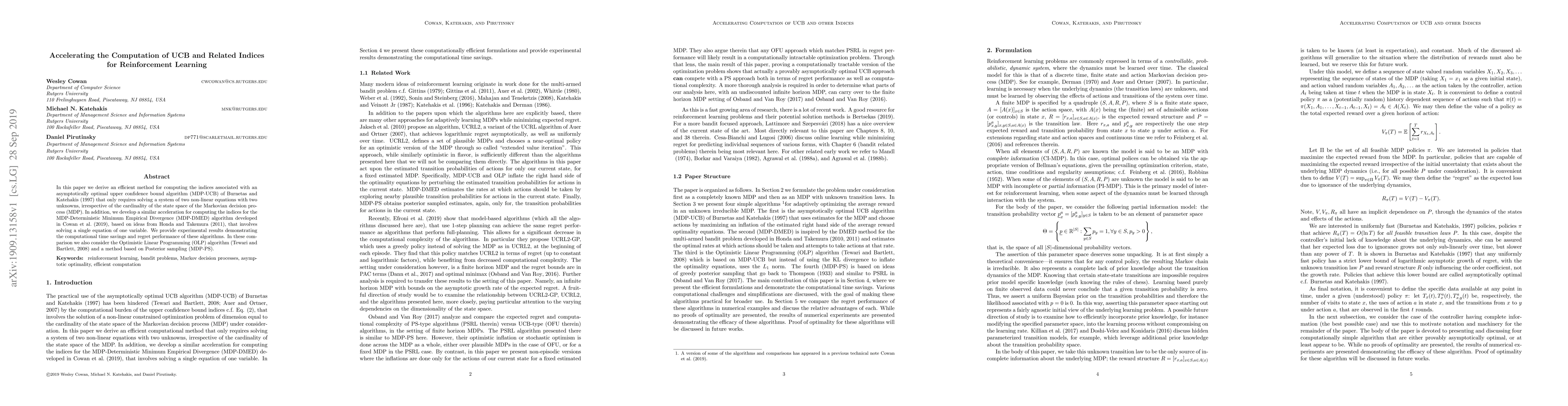 Thumbnail for Accelerating the Computation of UCB and Related Indices for
  Reinforcement Learning