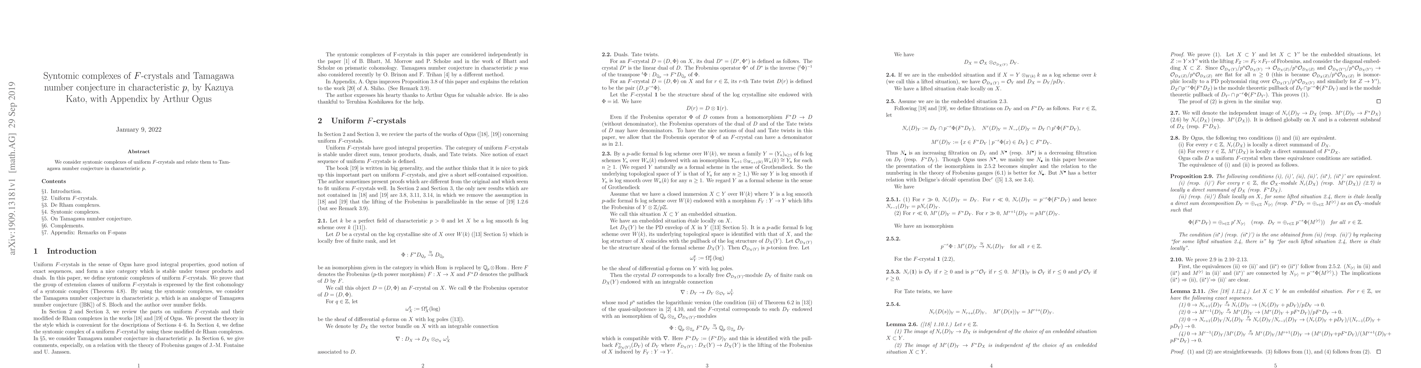 Thumbnail for Syntomic complexes of F-crystals and Tamagawa number conjecture in
  characteristic p, with Appendix by Arthur Ogus