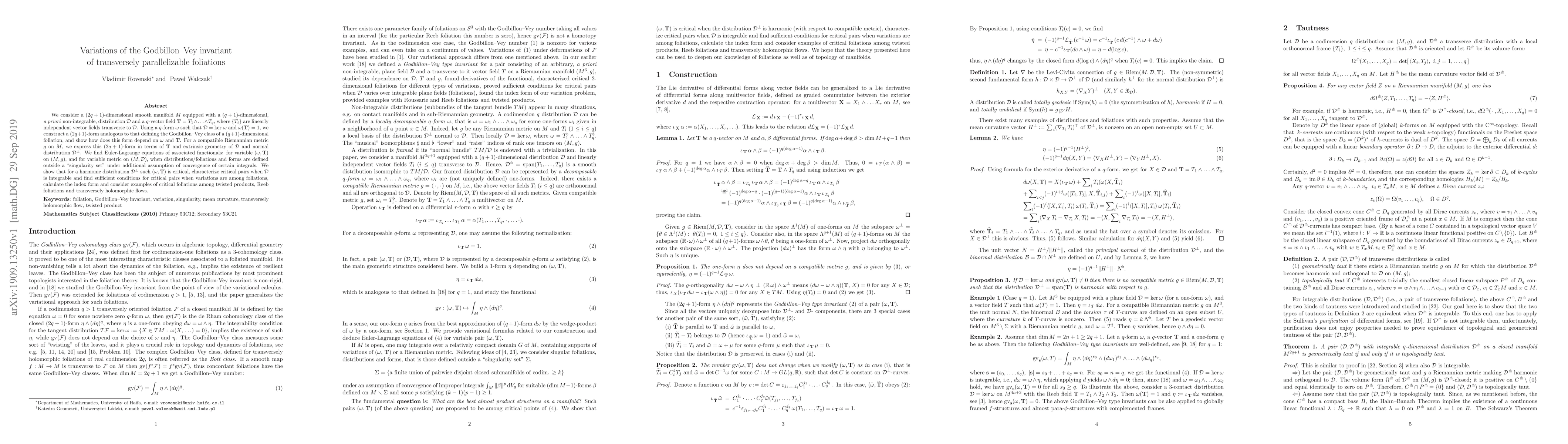 Thumbnail for Variations of the Godbillon--Vey invariant of transversely
  parallelizable foliations