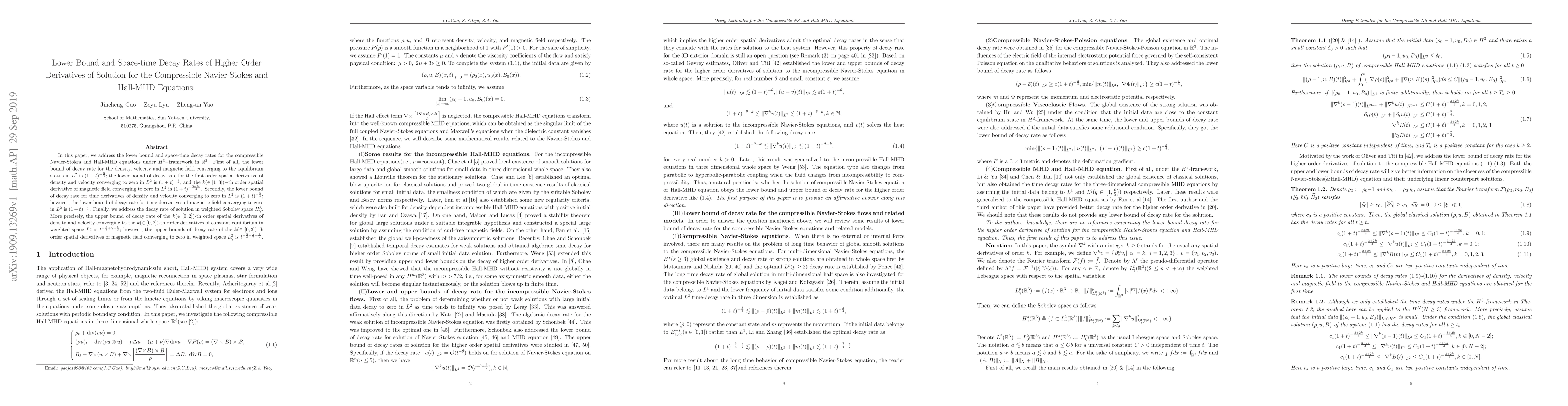 Thumbnail for Lower Bound and Space-time Decay Rates of Higher Order Derivatives of
  Solution for the Compressible Navier-Stokes and Hall-MHD Equations