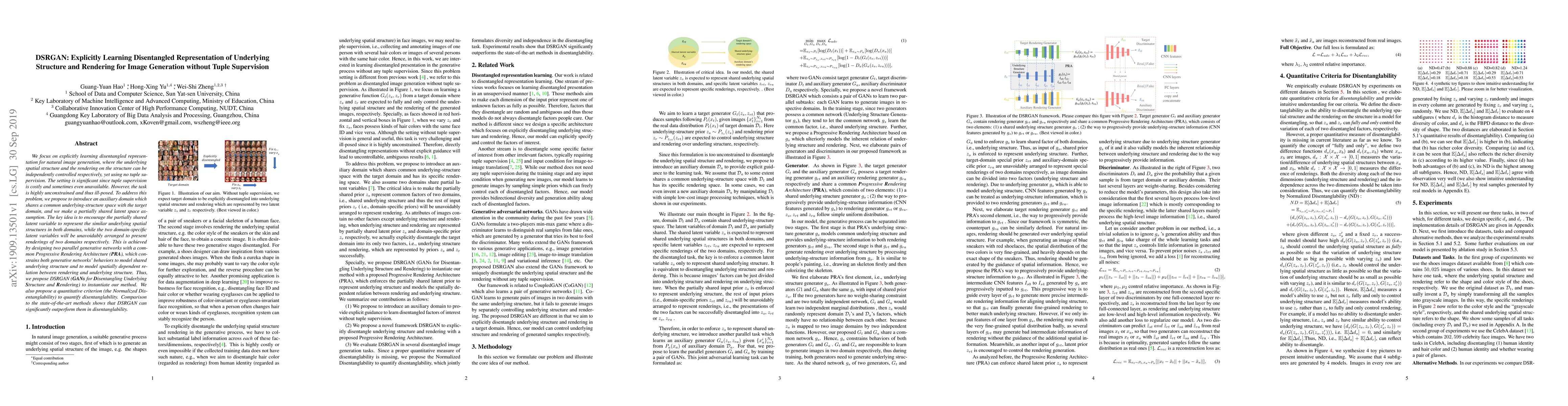 Thumbnail for DSRGAN: Explicitly Learning Disentangled Representation of Underlying
  Structure and Rendering for Image Generation without Tuple Supervision