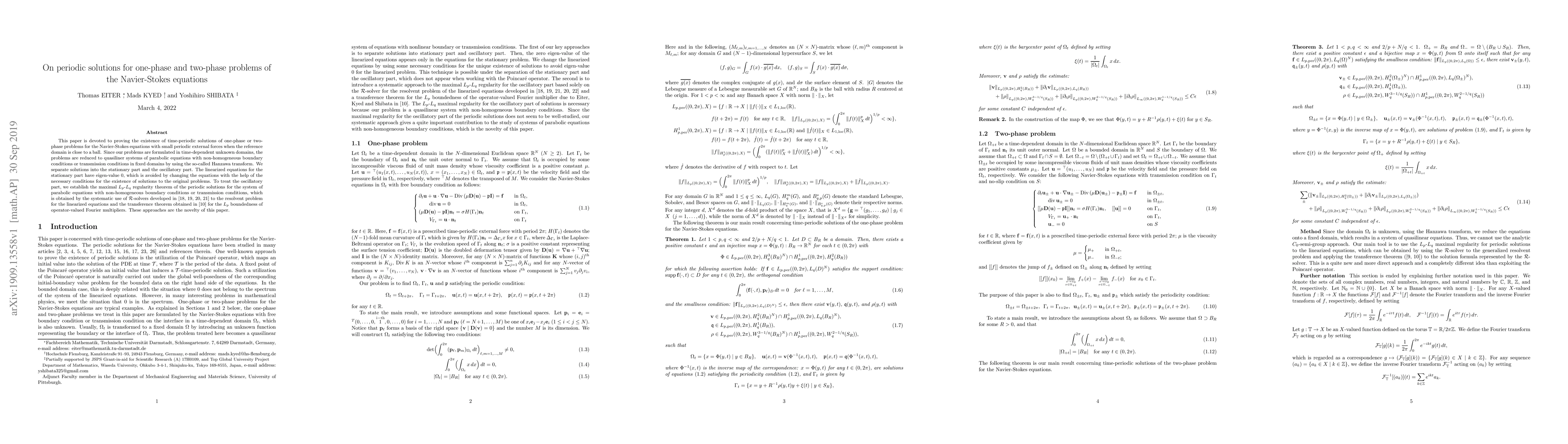 Thumbnail for On periodic solutions for one-phase and two-phase problems of the
  Navier-Stokes equations