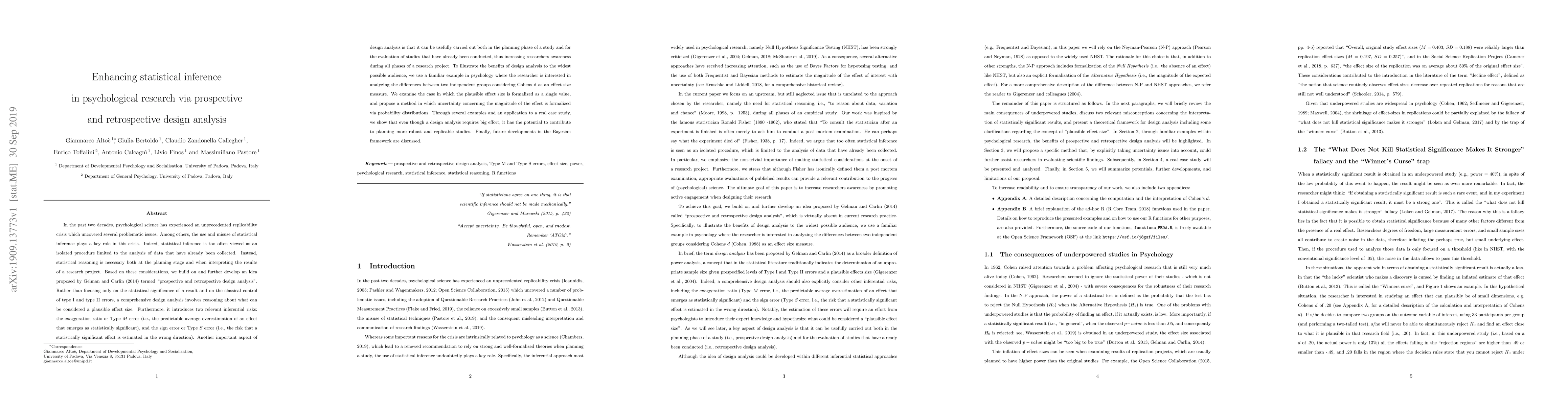 Thumbnail for Enhancing statistical inference in psychological research via
  prospective and retrospective design analysis