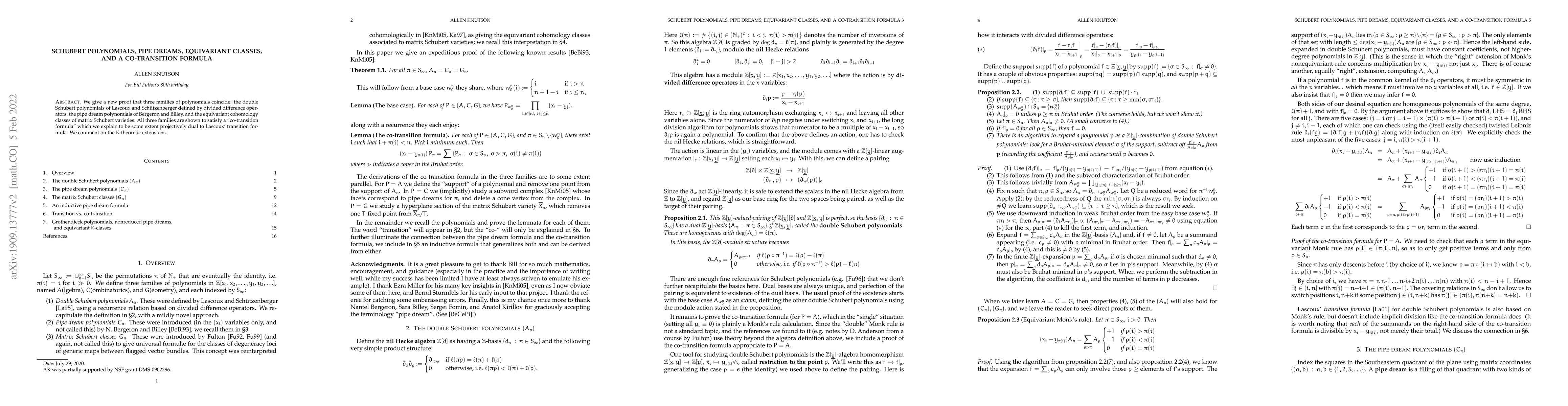 Thumbnail for Schubert polynomials, pipe dreams, equivariant classes, and a
  co-transition formula
