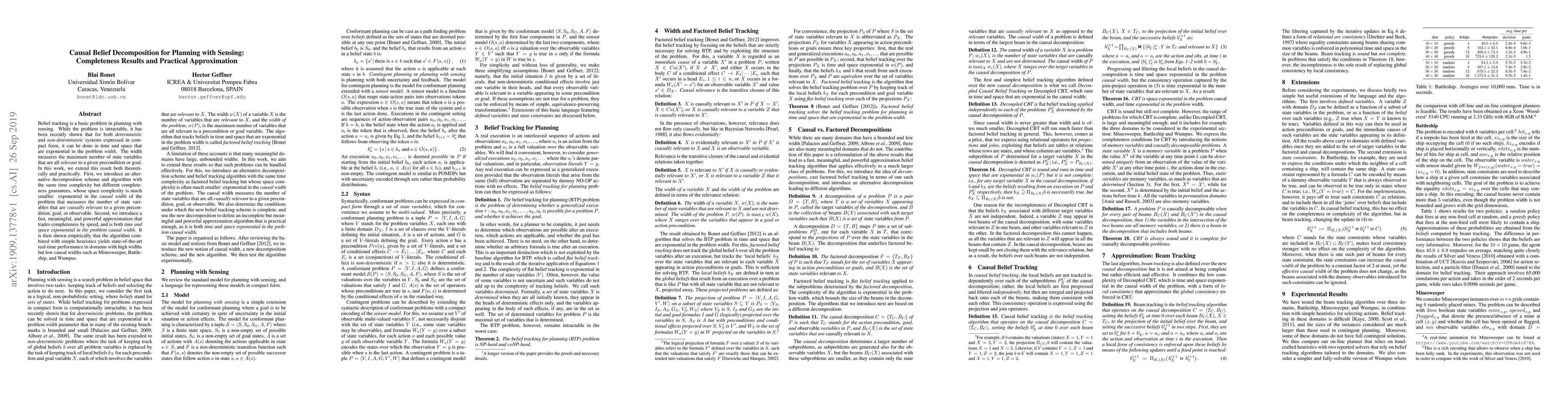 Thumbnail for Causal Belief Decomposition for Planning with Sensing: Completeness
  Results and Practical Approximation