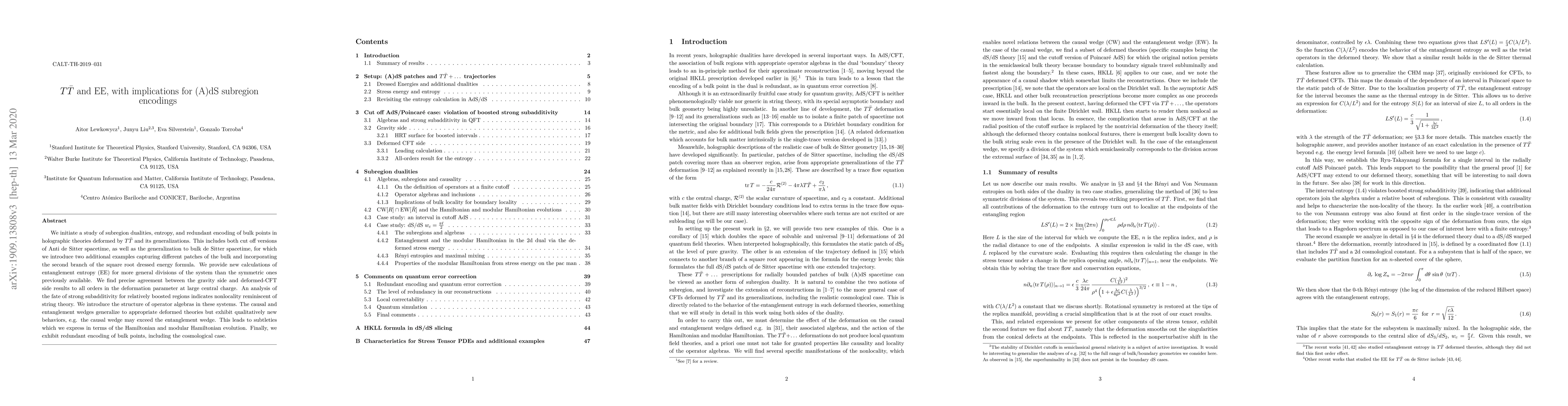 Thumbnail for $T \bar T$ and EE, with implications for (A)dS subregion encodings