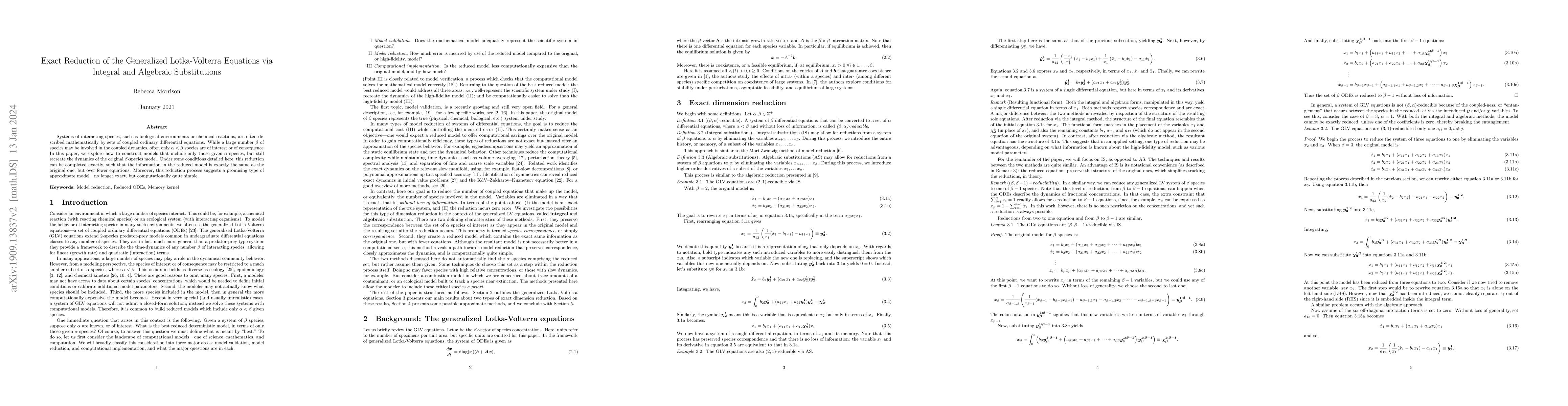 Thumbnail for Exact Reduction of the Generalized Lotka-Volterra Equations via Integral
  and Algebraic Substitutions