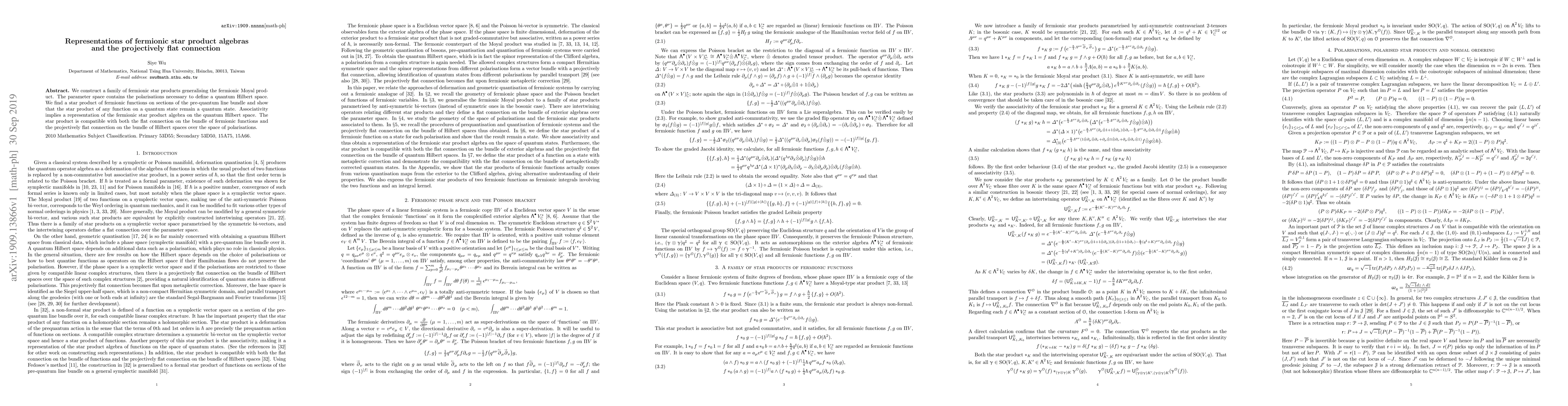 Thumbnail for Representations of fermionic star product algebras and the projectively
  flat connection
