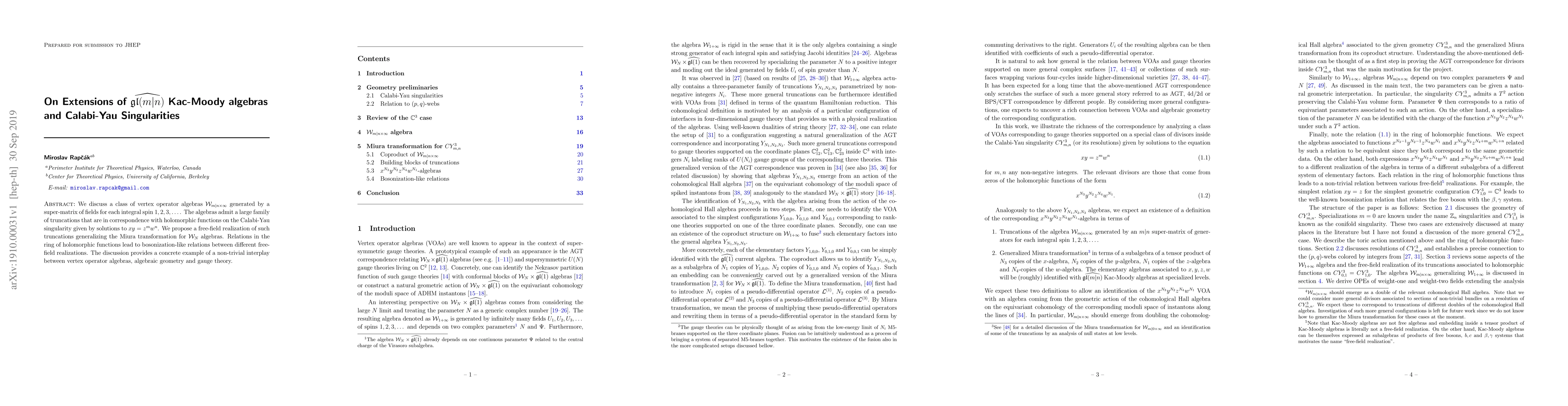 Thumbnail for On Extensions of $\widehat{\mathfrak{gl}(m|n)}$ Kac-Moody algebras and
  Calabi-Yau Singularities