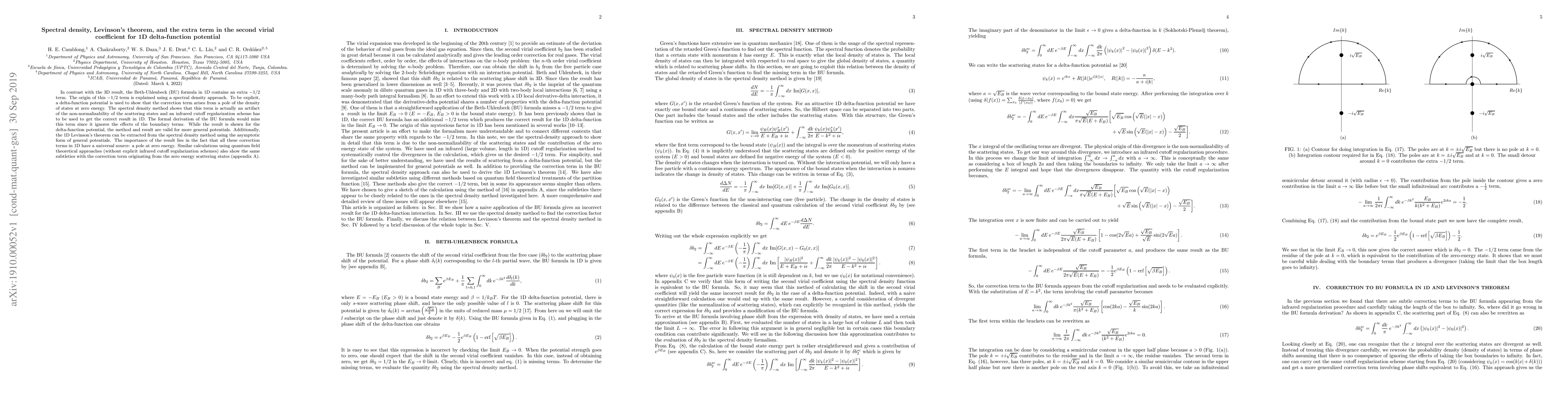 Thumbnail for Spectral density, Levinson's theorem, and the extra term in the second
  virial coefficient for 1D delta-function potential