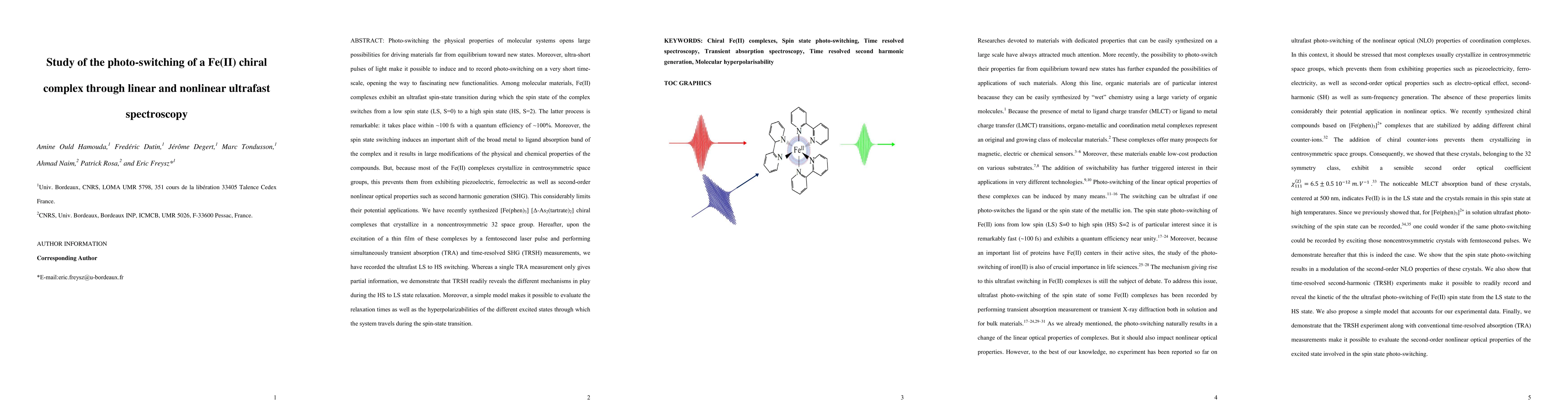 Thumbnail for Study of the photo-switching of a Fe(II) chiral complex through linear
  and nonlinear ultrafast spectroscopy