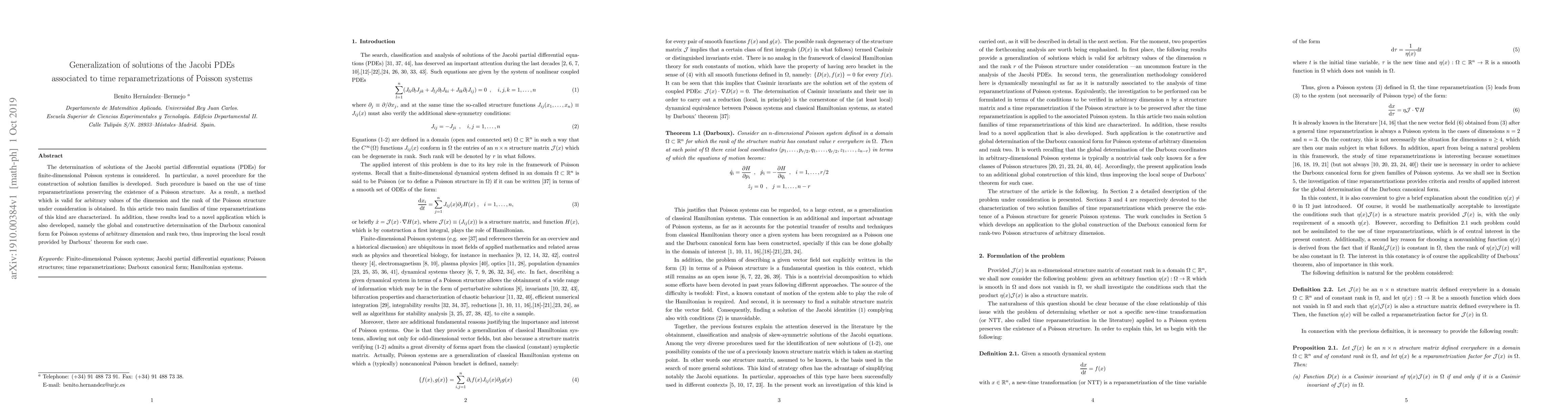 Thumbnail for Generalization of solutions of the Jacobi PDEs associated to time
  reparametrizations of Poisson systems