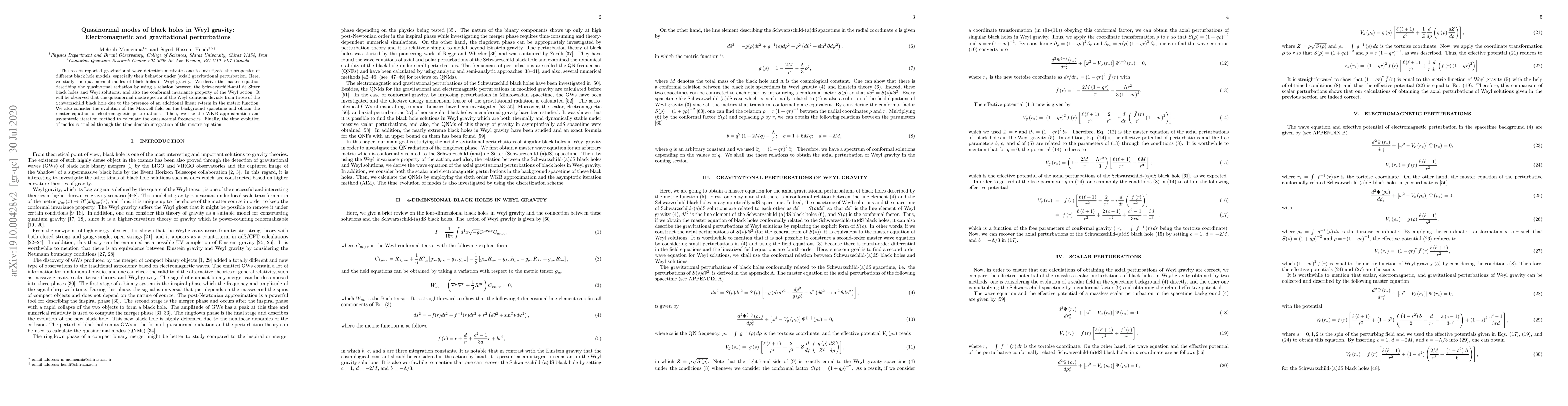 Thumbnail for Quasinormal modes of black holes in Weyl gravity: Electromagnetic and
  gravitational perturbations