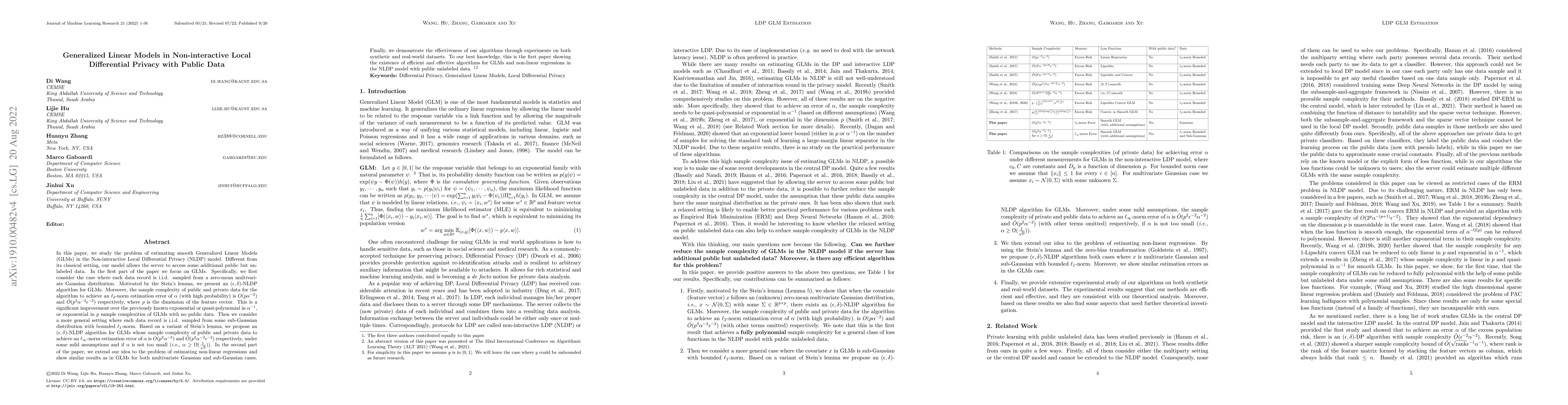 Thumbnail for Estimating Smooth GLM in Non-interactive Local Differential Privacy
  Model with Public Unlabeled Data