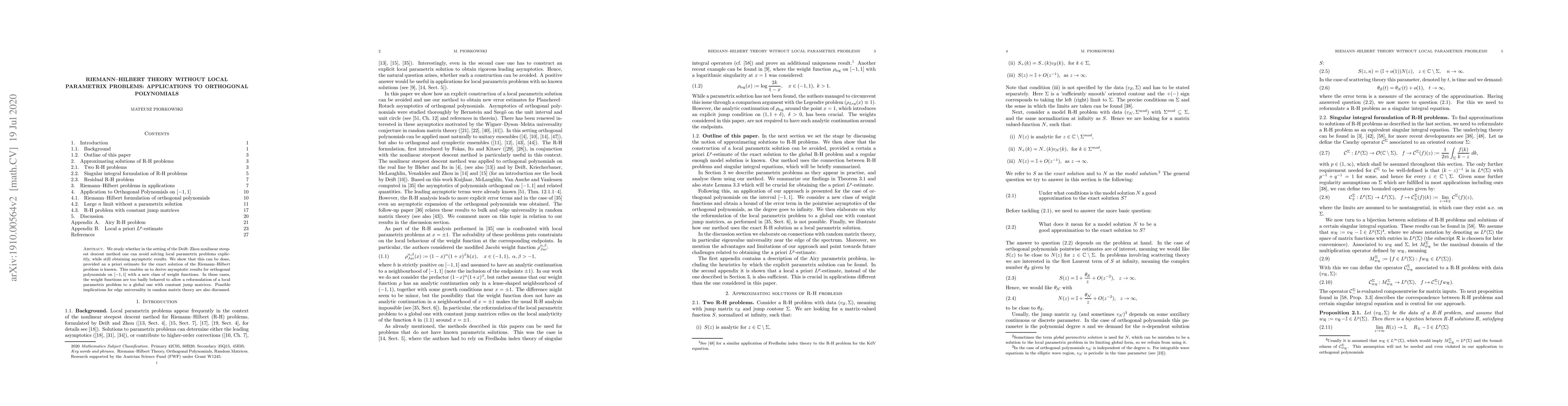 Thumbnail for Riemann-Hilbert Theory without local Parametrix Problems: Applications
  to Orthogonal Polynomials