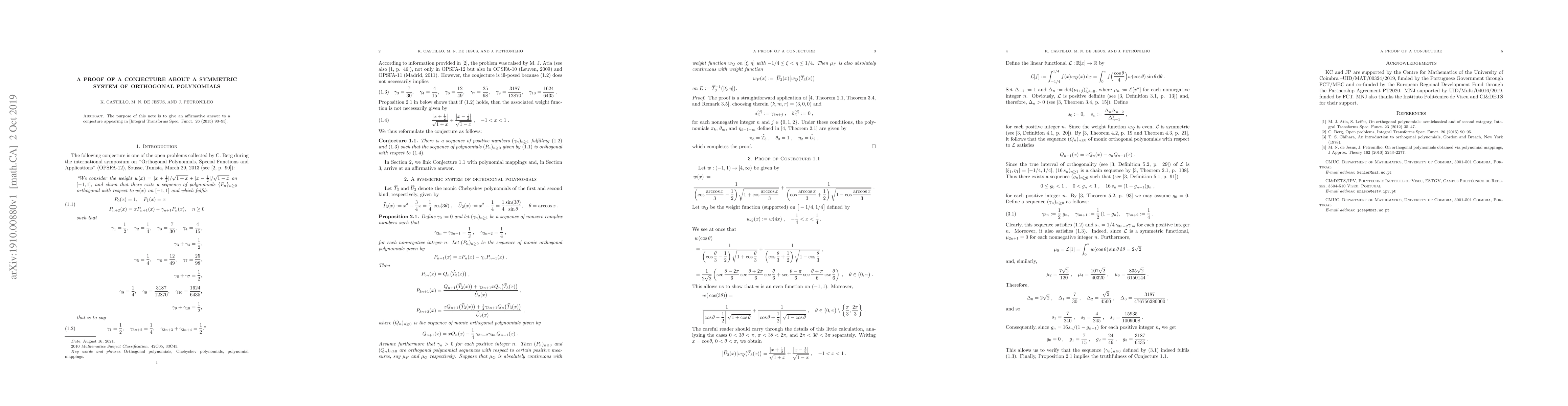 Thumbnail for A proof of a conjecture about a symmetric system of orthogonal
  polynomials