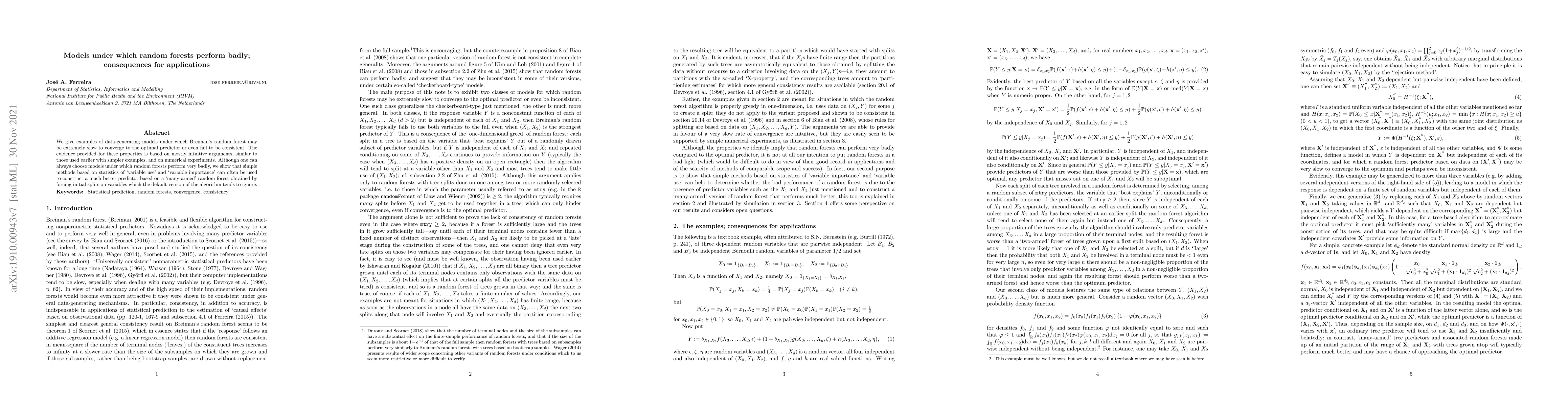 Thumbnail for Models under which random forests perform badly; consequences for
  applications