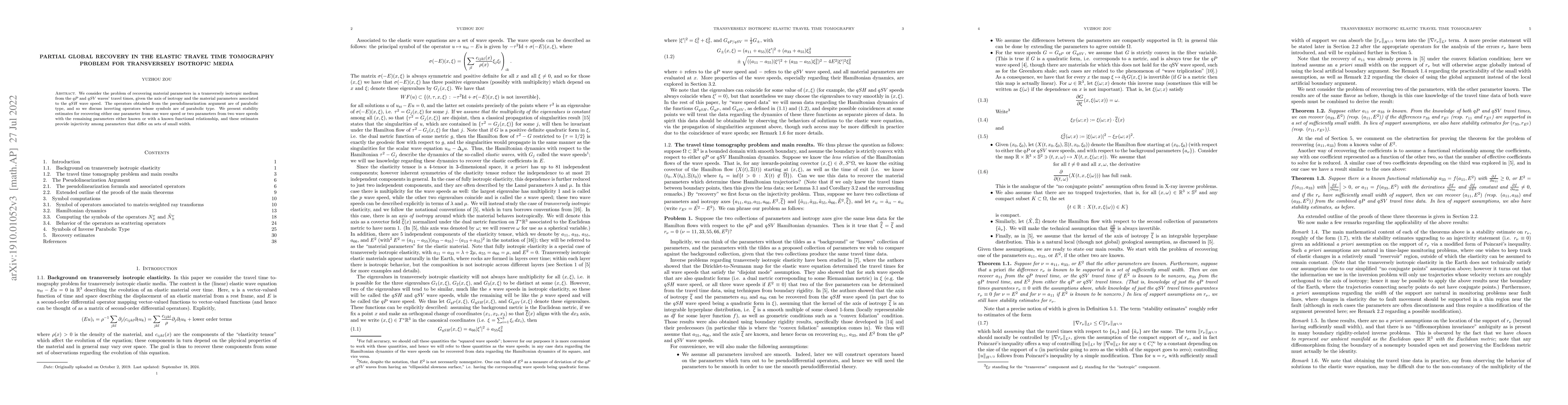 Thumbnail for Partial Global Recovery in the Elastic Travel Time Tomography Problem
  for Transversely Isotropic Media